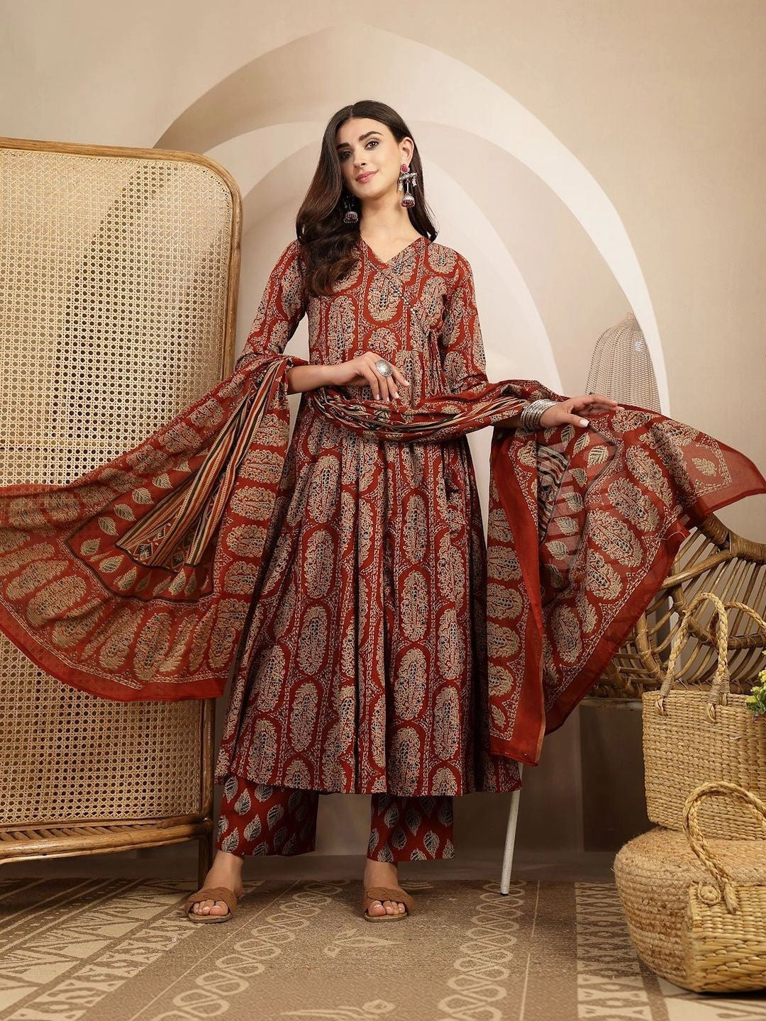 Women Ethnic Motifs Printed Angrakha Kurta with Trousers & With Dupatta