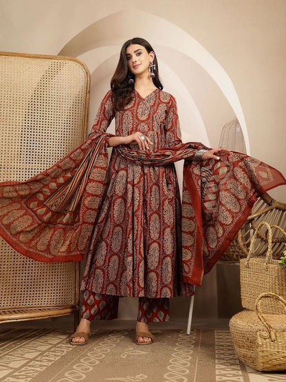 Women Ethnic Motifs Printed Angrakha Kurta with Trousers & With Dupatta