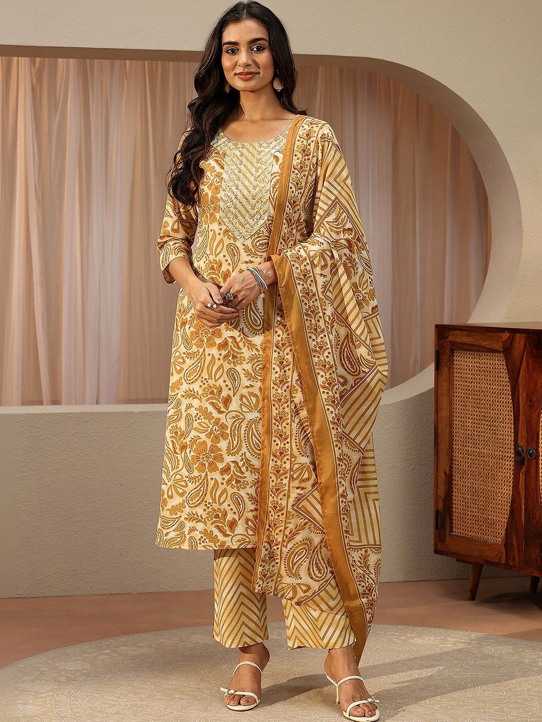 Mustard Paisley Printed Cotton Straight Suit Set
