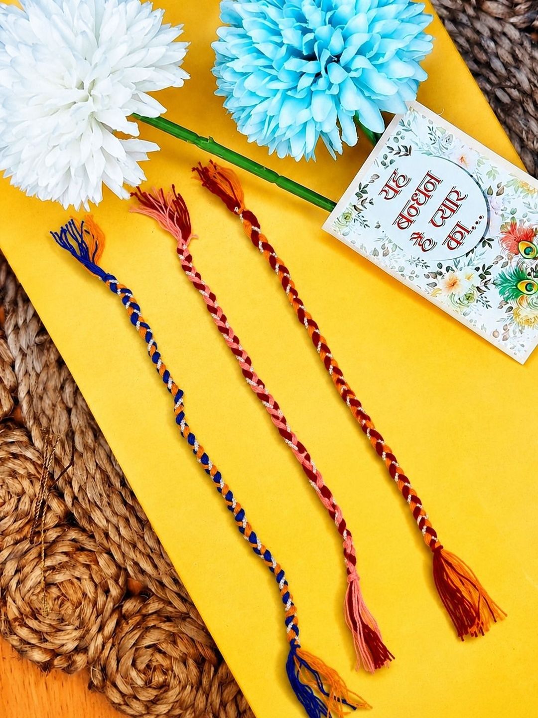Dhiyona Set Of 3 Multicolor Thread Rakhi With Roli Chawal Chandan Mishri