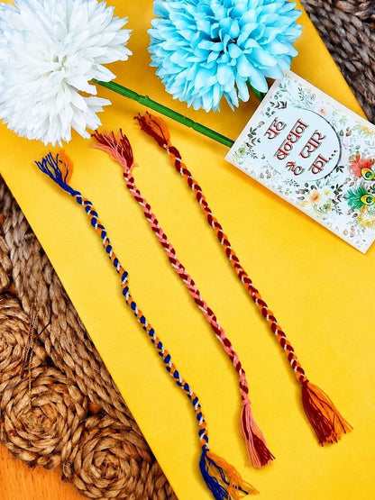 Dhiyona Set Of 3 Multicolor Thread Rakhi With Roli Chawal Chandan Mishri