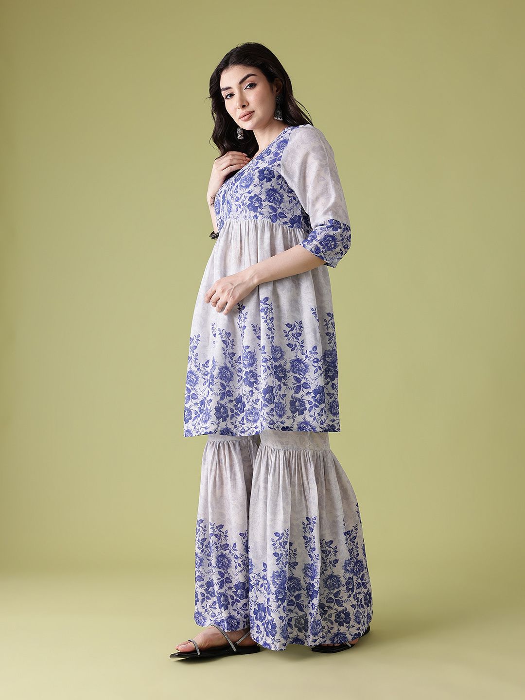 Dhiyona AN Women Floral Printed Pleated A-Line Kurta with Sharara & Dupatta