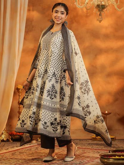 Dhiyona RR Women's Floral Printed Pure Cotton Kurta With Trousers & Dupatta