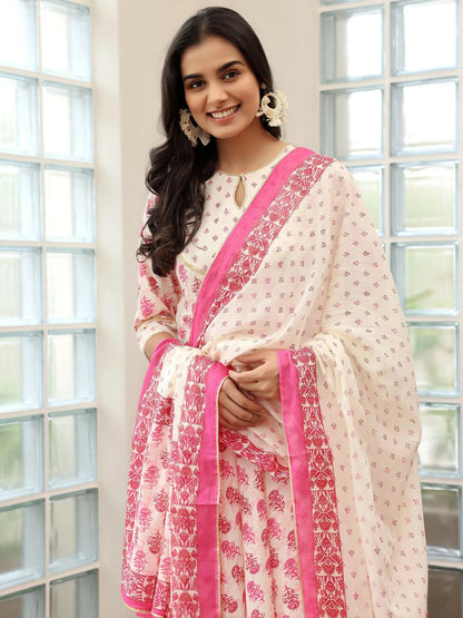 Women's LB Pink Printed Cotton Anarkali Suit With Dupatta