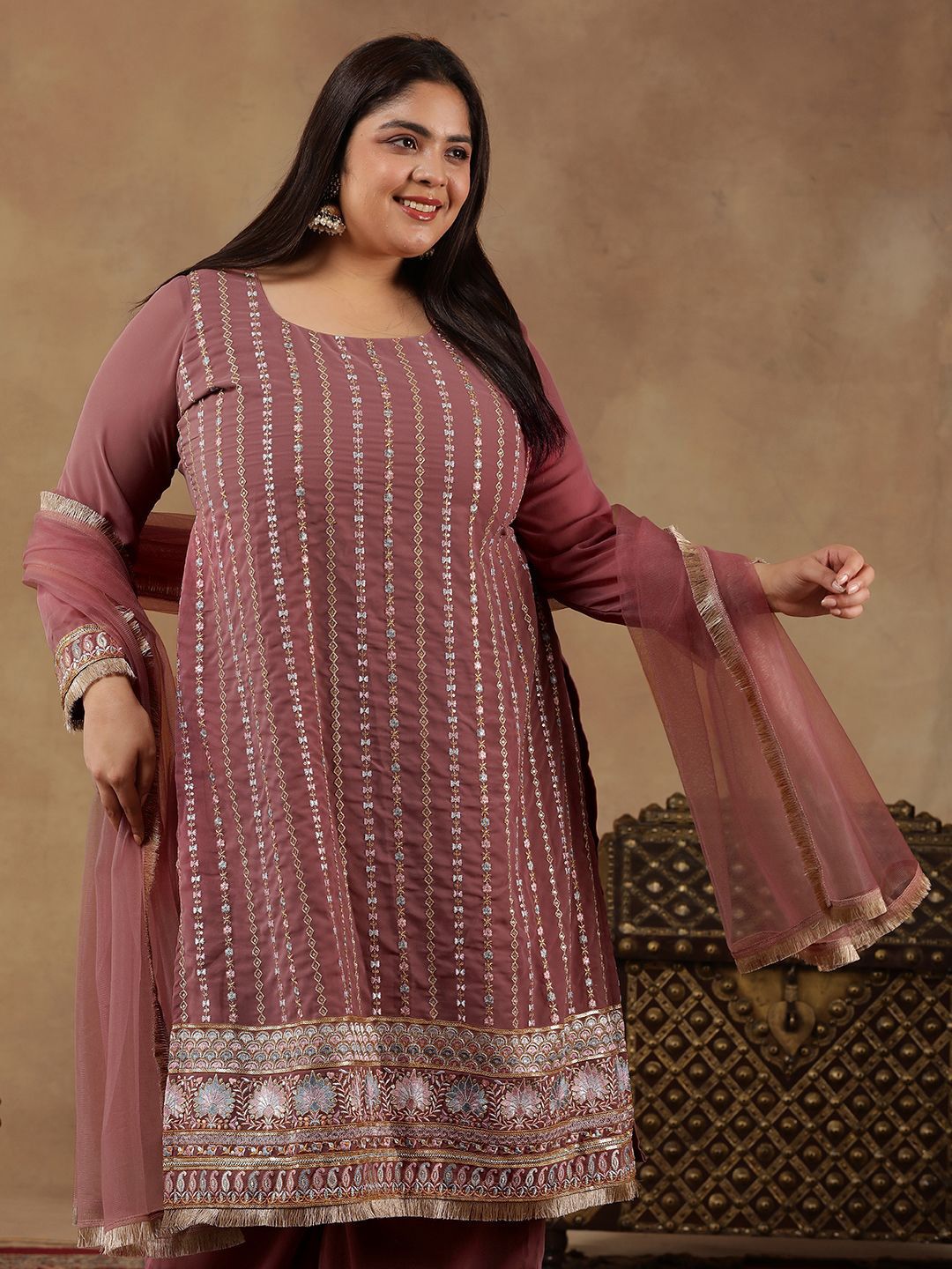 Dhiyona IN Women Ethnic Motifs Embroidered Regular Thread Work Kurta with Palazzos & With Dupatta