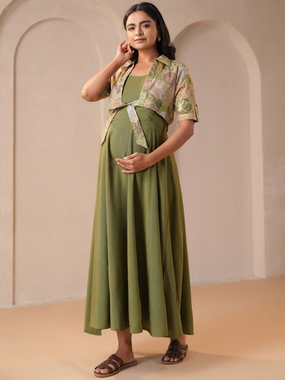 Dhiyona AY Women's Printed Fit & Flared Maternity Ethnic Dresses With Jacket