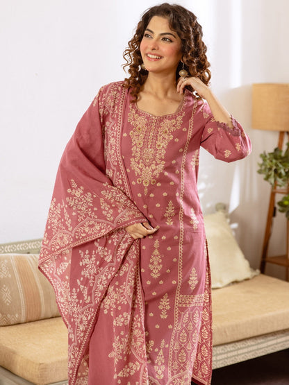 Printed Cotton Sweetheart Neck Kurta & Trousers With Dupatta