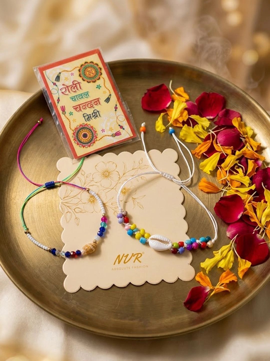 Dhiyona Set Of 2 Artificial Beads Thread Rakhi With Roli Chawal Chandan Mishri