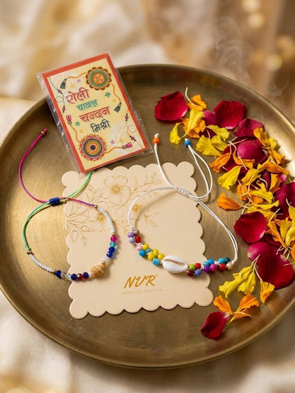 Dhiyona Set Of 2 Artificial Beads Thread Rakhi With Roli Chawal Chandan Mishri