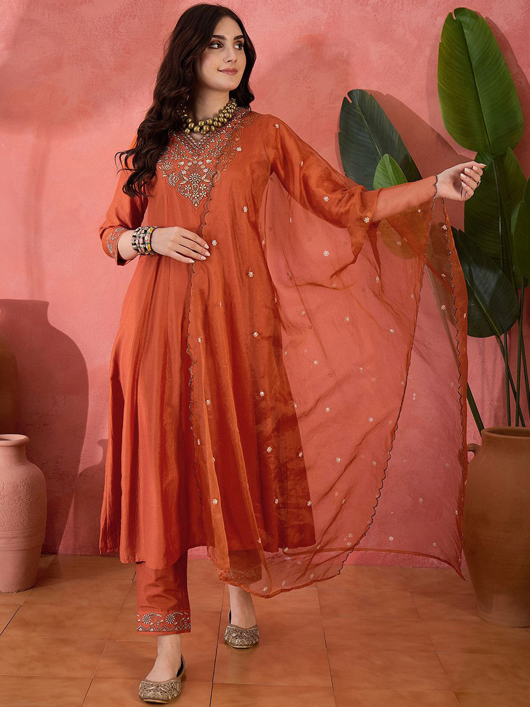 Zari Sequence Embroidered A-Line Kurta & Trousers With Dupatta