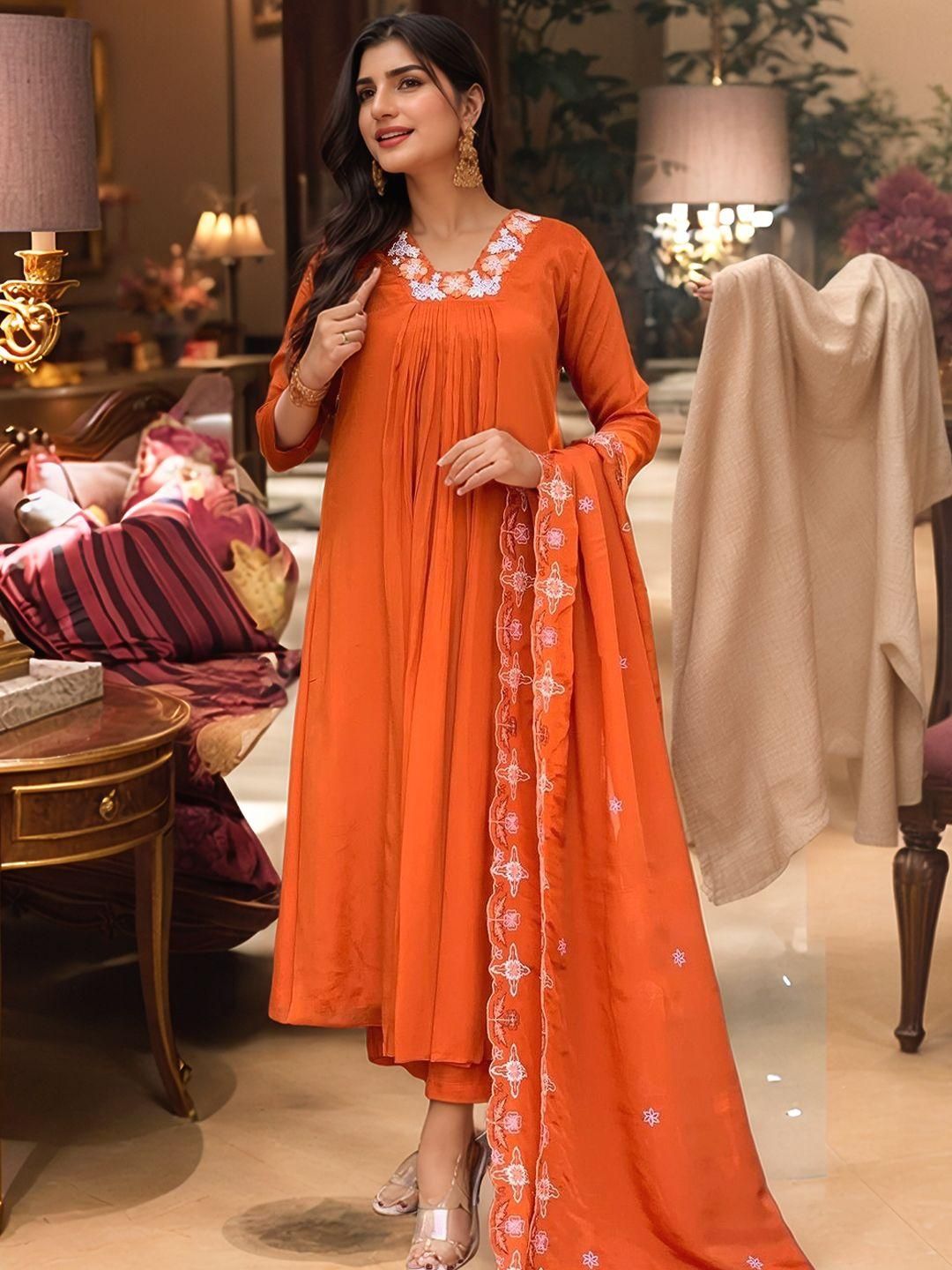 Dhiyona KL Women Orange Rayon Blend Embroidered Anarkali Kurta Set With Dupatta