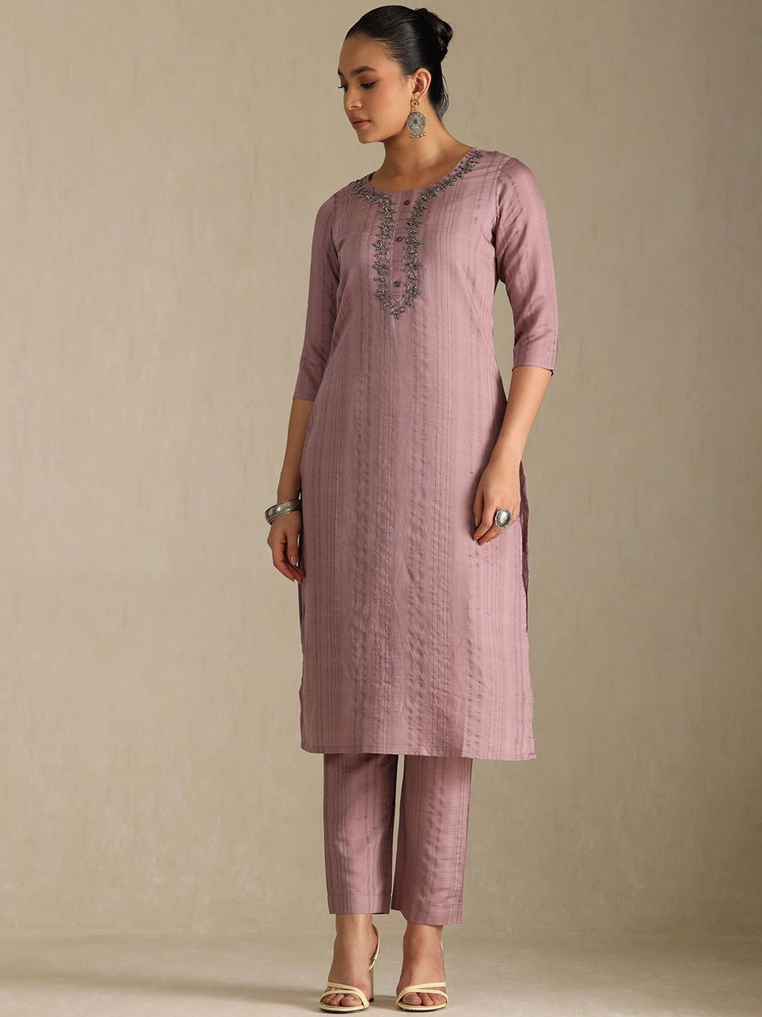 Dhiyona SO Women's Striped Beads and Stones Straight Kurta with Trouser