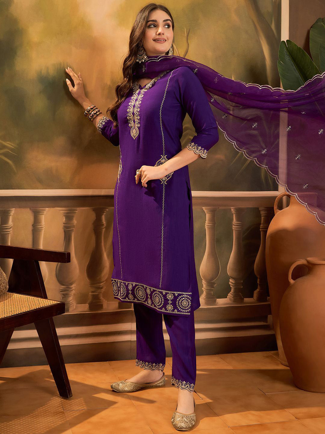 Ethnic Motifs Embroidered V-Neck Sequinned Straight Kurta With Trousers & Dupatta