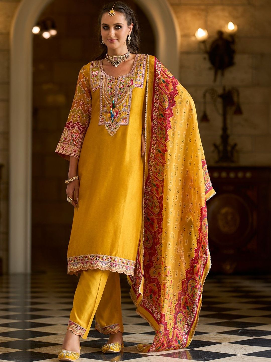 Women Ethnic Motifs Embroidered Regular Kurta with Trousers & Dupatta