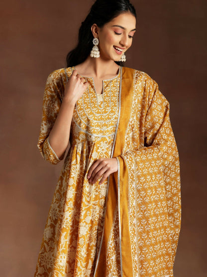 Women's LB Mustard Printed Cotton Anarkali Suit With Dupatta