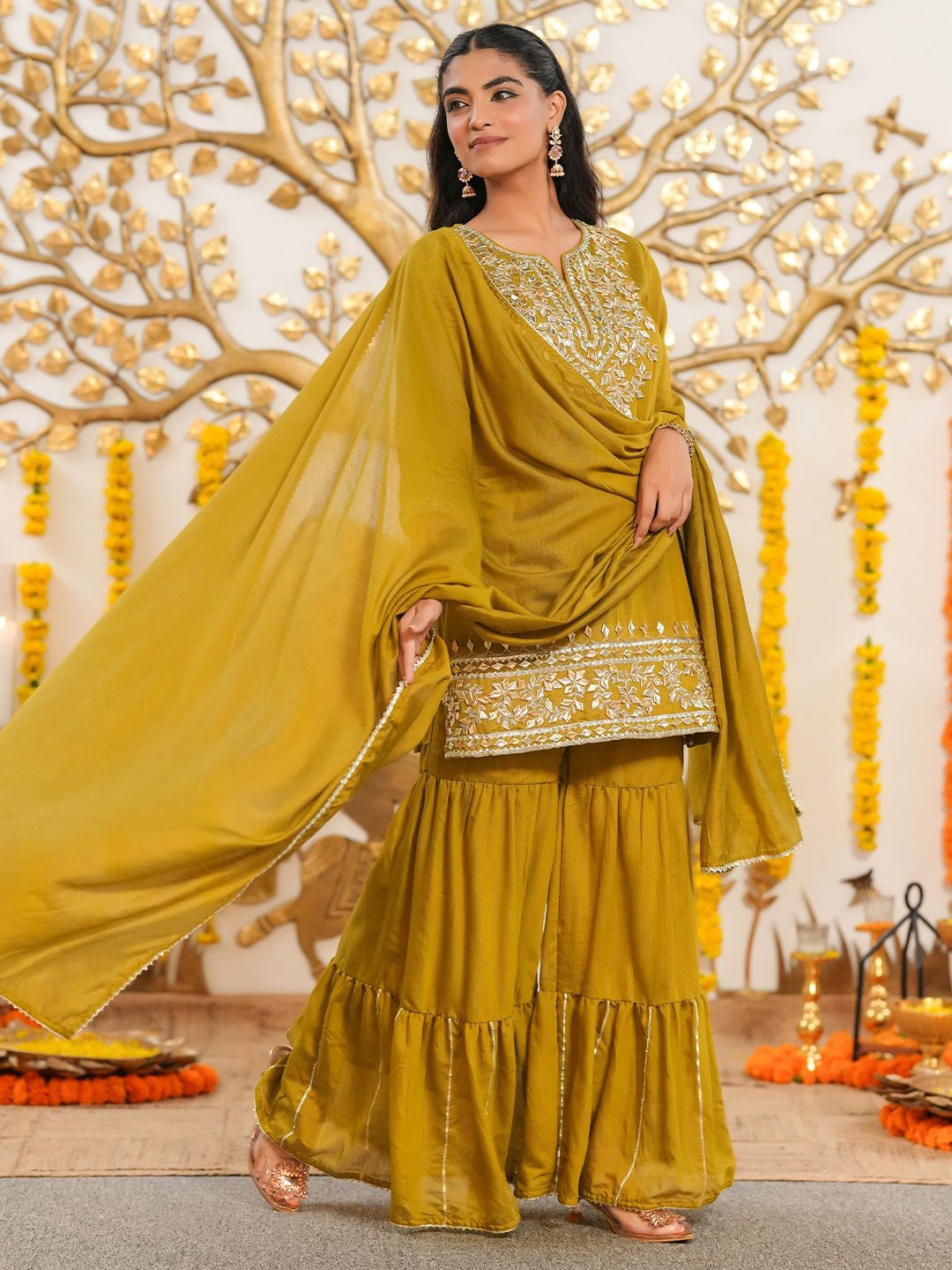 Dhiyona SC Women Ethnic Motifs Embroidered Kurta with Sharara & Dupatta