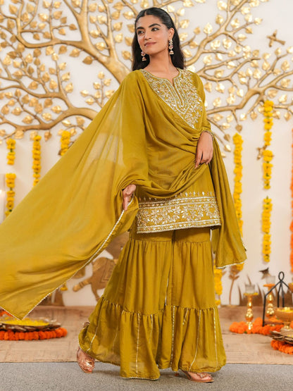 Dhiyona SC Women Ethnic Motifs Embroidered Kurta with Sharara & Dupatta