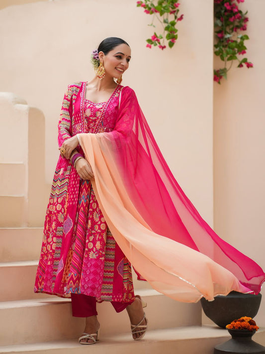 Dhiyona RR Women's Floral Printed Empire Sequinned Kurta with Trousers & With Dupatta