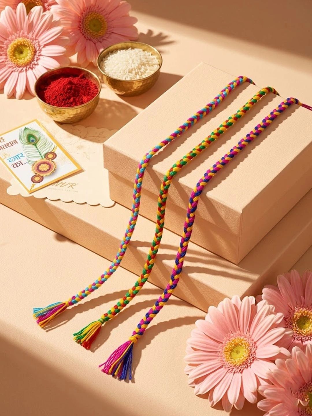 Dhiyona Set Of 3 Multicolor Thread Rakhi With Roli Chawal Chandan Mishri