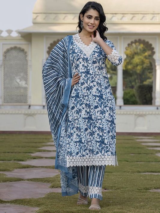 Dhiyona KL Floral Printed Thread Work Pure Cotton Straight Kurta With Trouser & Dupatta