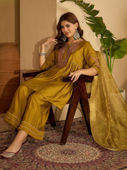 Women Olive Embroidered Kurta Sets With Dupatta