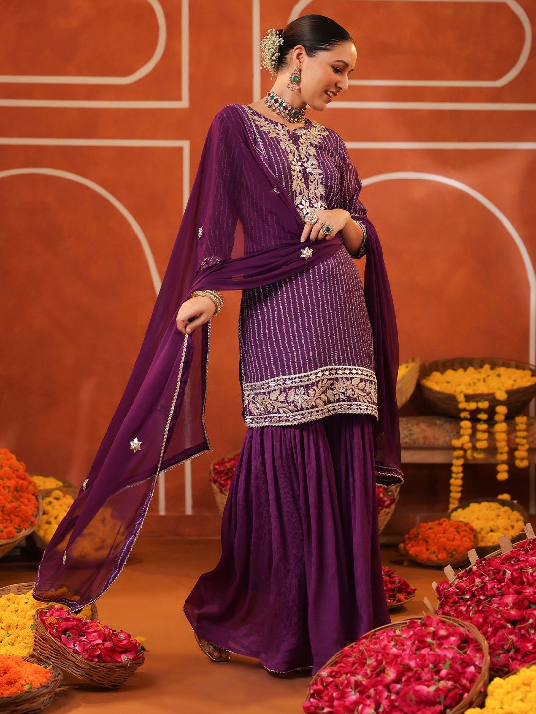 Dhiyona SC Bandhani Printed Gotta Patti Straight Kurta with Sharara & Dupatta
