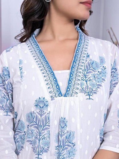 Printed Pure Cotton V-Neck Kurta & Palazzos Kurta Set