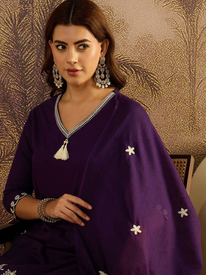 Thread Work Embroidered Kurta with Trousers & Dupatta