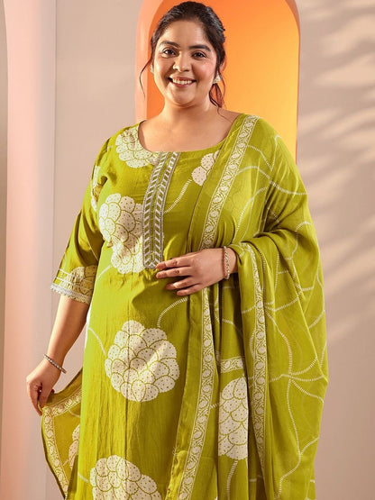 Dhiyona Women's Ethnic Motifs Printed Plus Size Kurta with Trousers & Dupatta