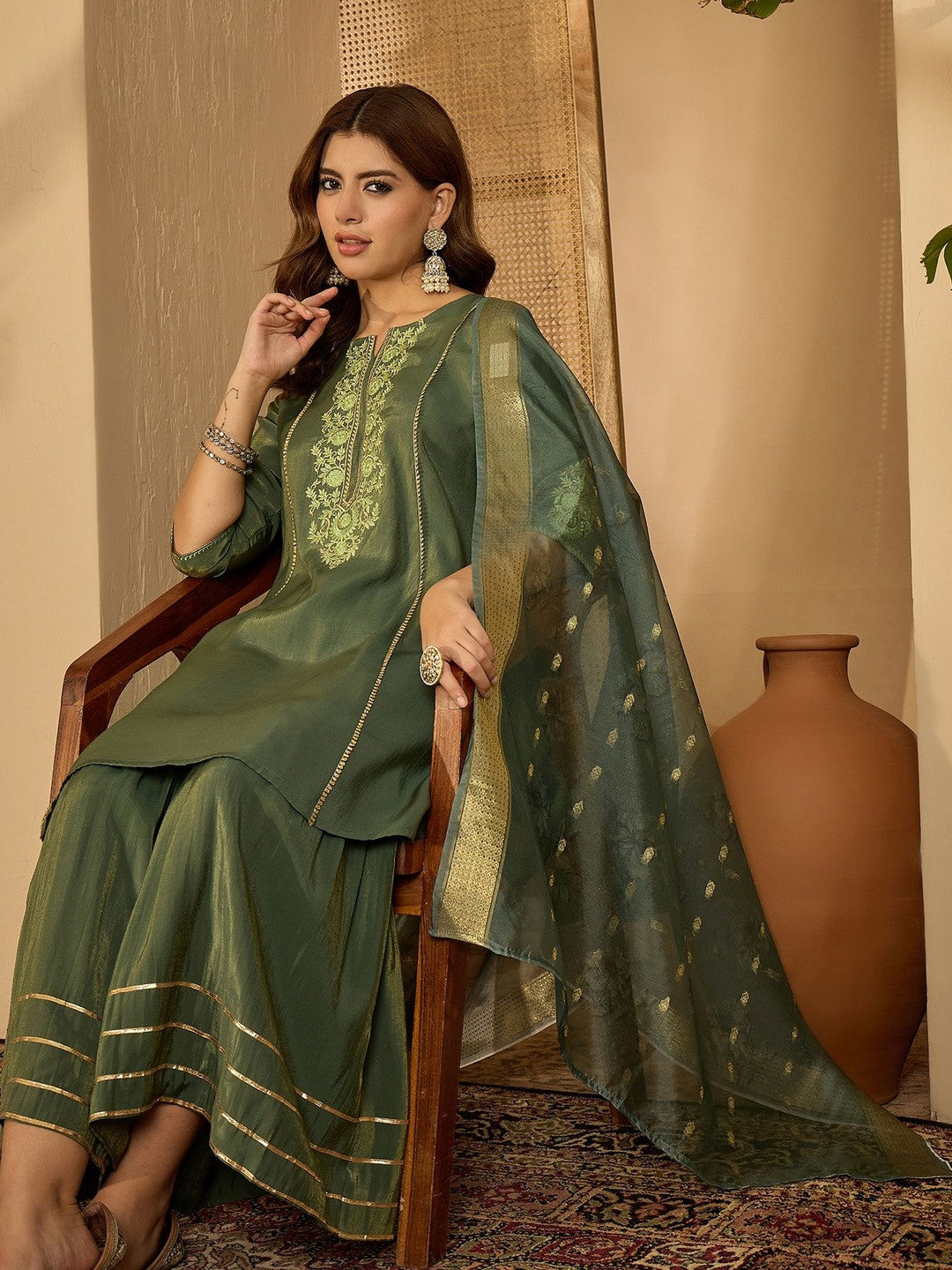 Women Olive Embroidered Kurta Sets With Dupatta