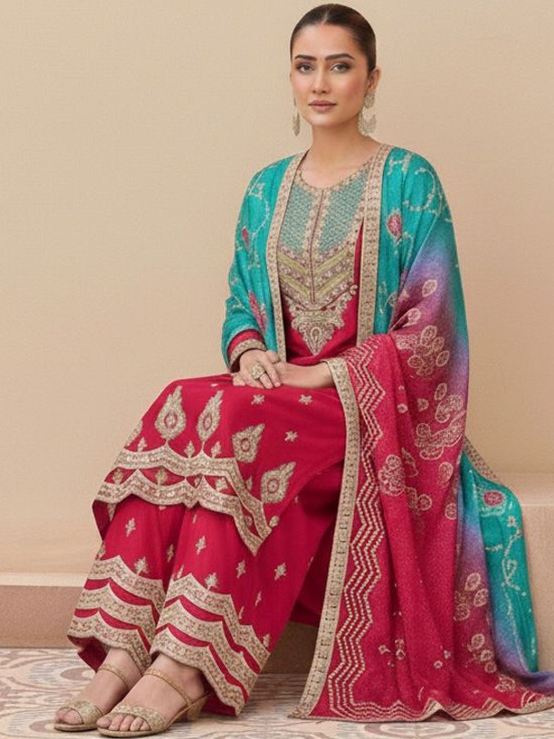 Dhiyona HOP Embroidered Round Neck Kurta & Sharara With Dupatta