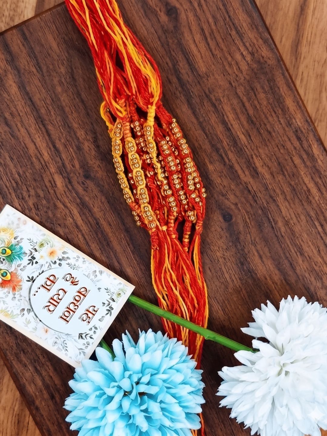 Dhiyona Set Of 6 Yellow & Red Thread Rakhi With Roli Chawal Chandan Mishri