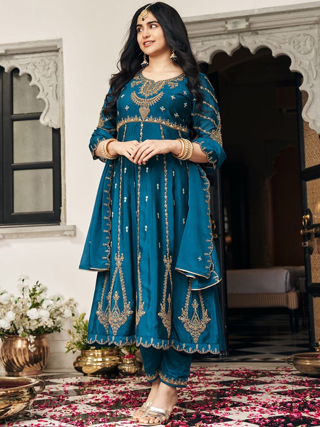 Dhiyona CH Floral Embroidered Pleated Sequinned A-Line Kurta With Trousers & Dupatta
