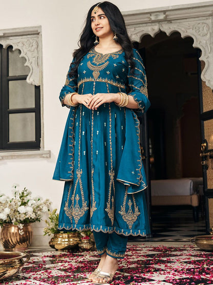 Dhiyona CH Floral Embroidered Pleated Sequinned A-Line Kurta With Trousers & Dupatta