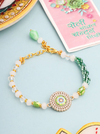 Dhiyona Artificial Stones & Beads Floral Wraparound Rakhi With Roli Chawal Chandan Mishri