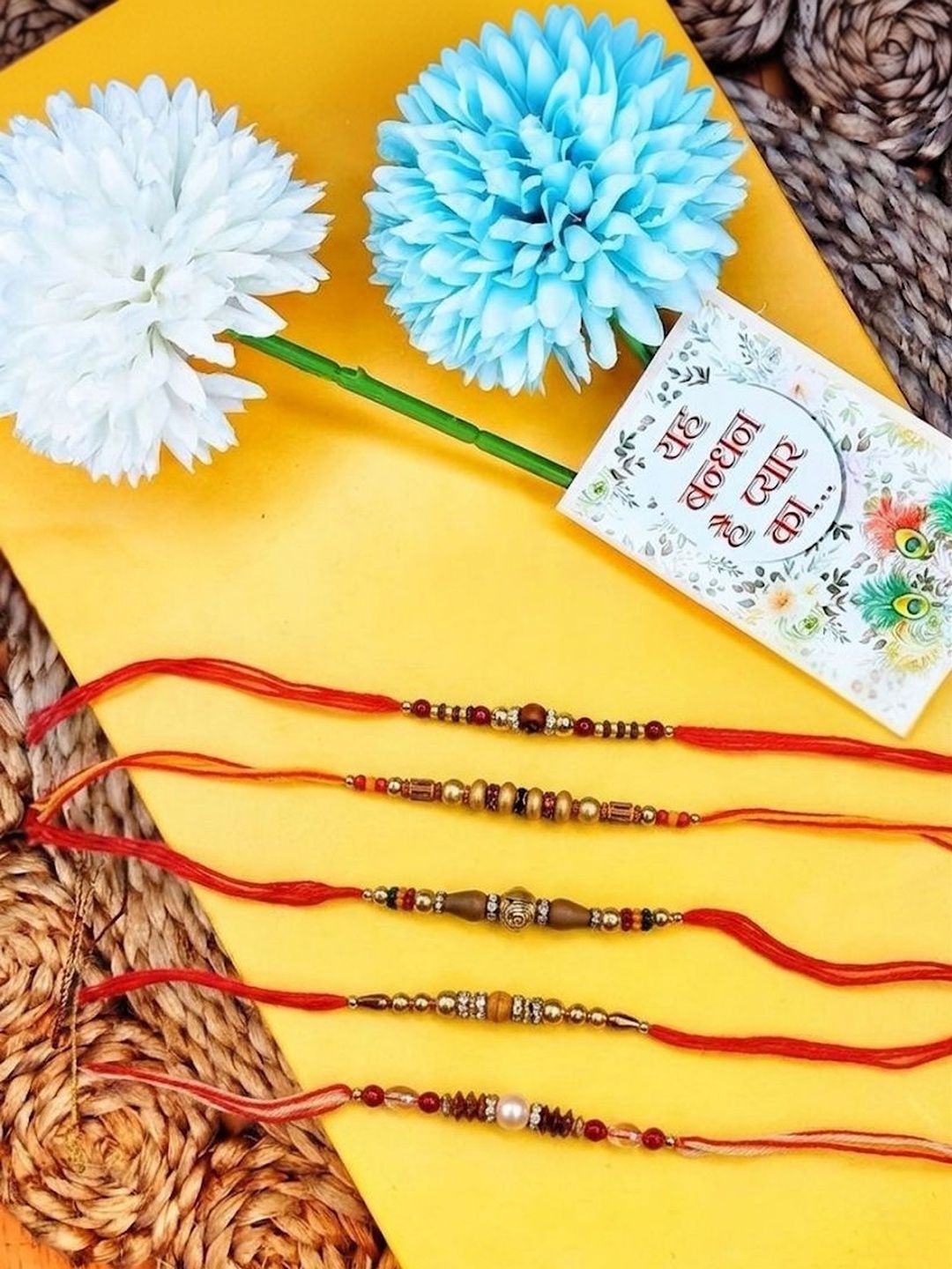 Dhiyona Set Of 5 Multicolor Designer Thread Rakhi With Roli Chawal Chandan Mishri