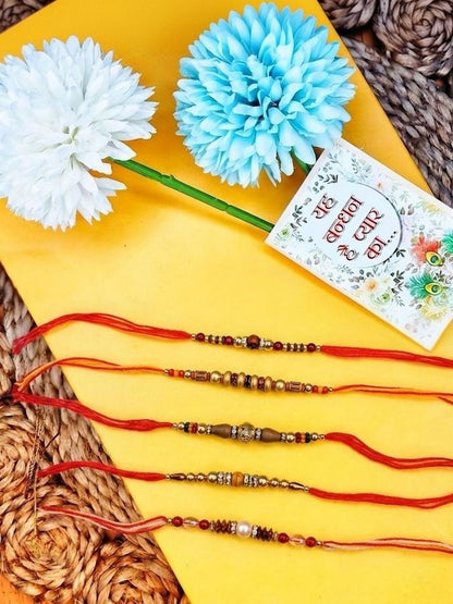 Dhiyona Set Of 5 Multicolor Designer Thread Rakhi With Roli Chawal Chandan Mishri