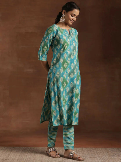 Women's LB Blue Printed Silk Blend Straight Suit With Dupatta