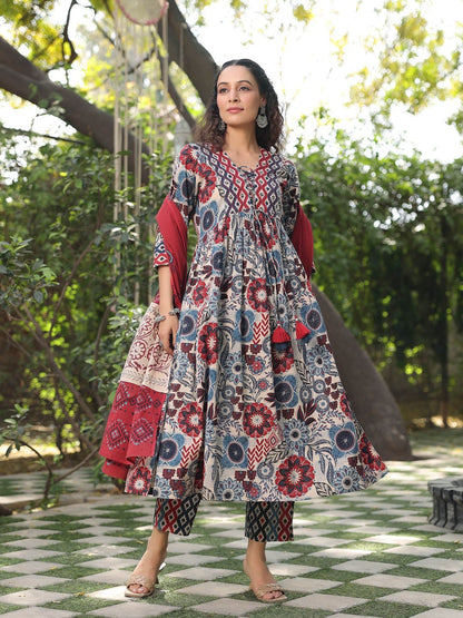 Dhiyona RR Women's Ethnic Motifs Printed Pure Cotton Kurta with Trousers & Dupatta