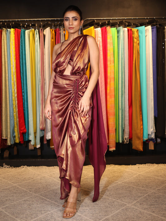 Dhiyona ST 2 pc SET - Avant-Garde Wine Gold  Pre-Draped Saree with Blouse