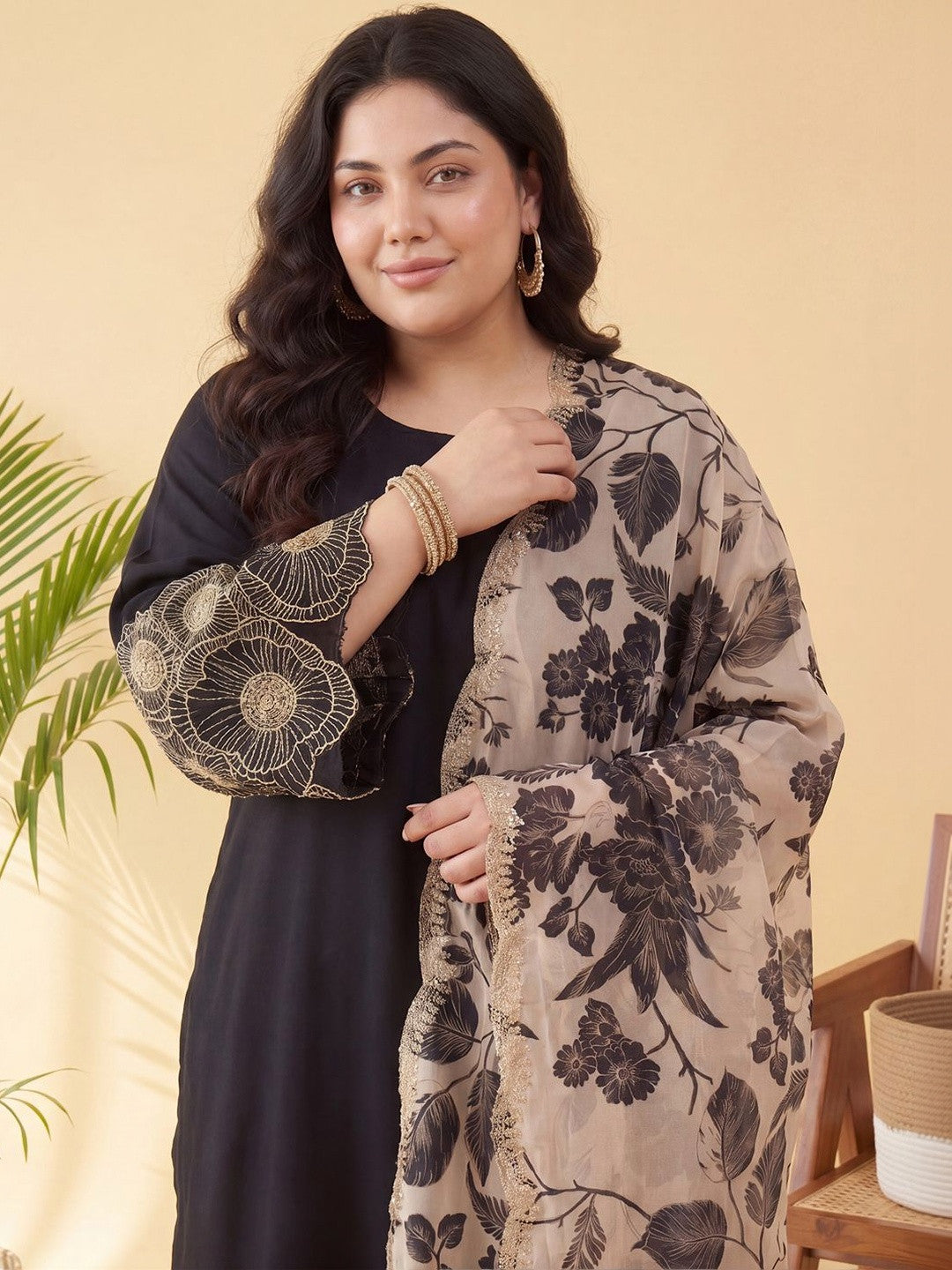 Plus Size Black Embroidered Straight Kurta Trousers With Dupatta Set