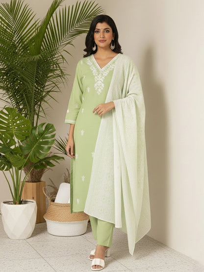 Embroidered V-Neck Kurta & Trousers With Dupatta
