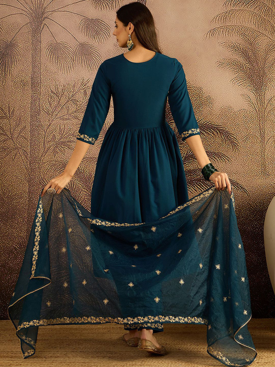 Floral Embroidered Sequinned Thread Work Kurta With Trousers & Dupatta