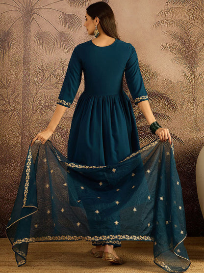 Floral Embroidered Sequinned Thread Work Kurta With Trousers & Dupatta