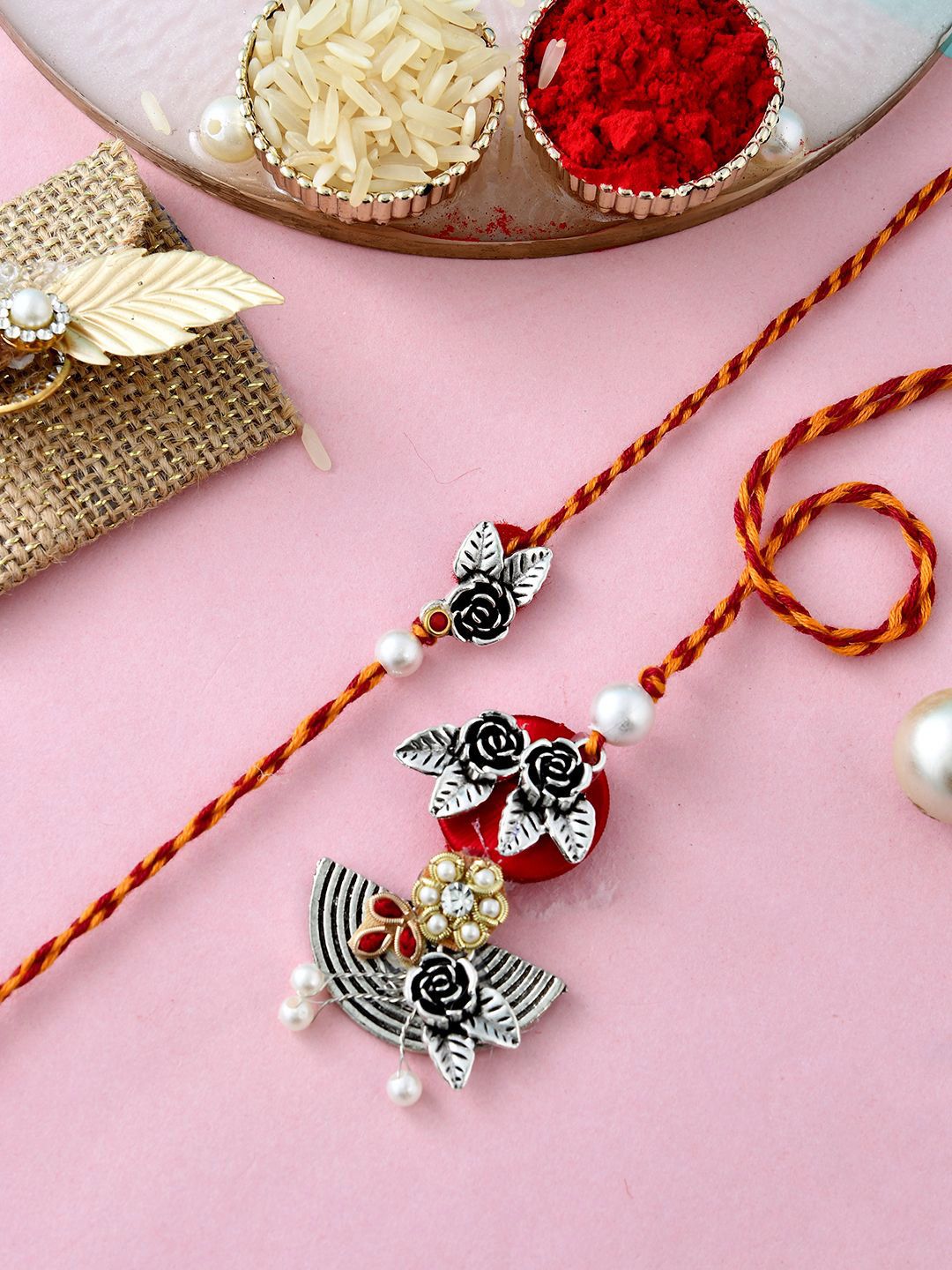Dhiyona Silver-Toned Beaded Bhaiya Bhabhi Rakhi With Roli Chawal & Greeting Card