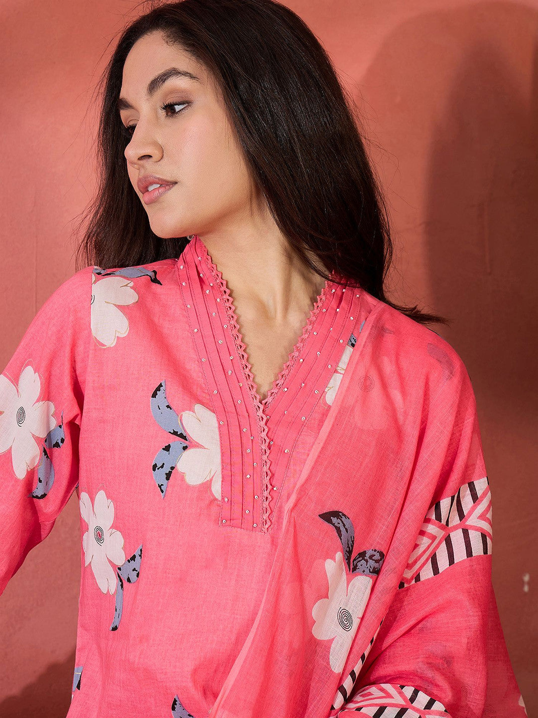 Floral Printed Pure Cotton Straight Kurta & Trousers With Dupatta