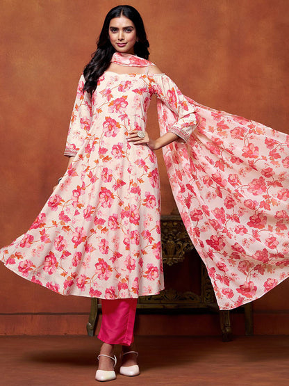 Floral Printed Off Shoulder Anarkali Kurta With Trousers And Dupatta