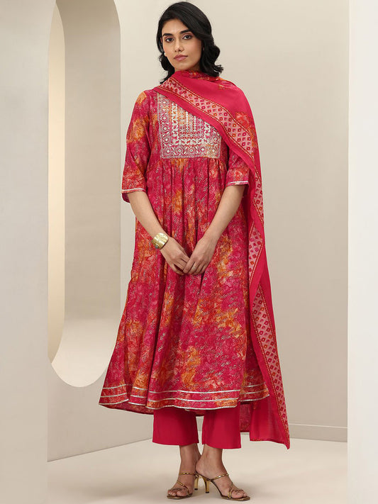 Womens Orange Printed Anarkali Kurta With Trousers & Dupatta