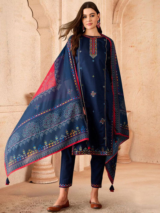 Dhiyona SN Women's Sequence Embroidered Straight Kurta & Trousers With Dupatta