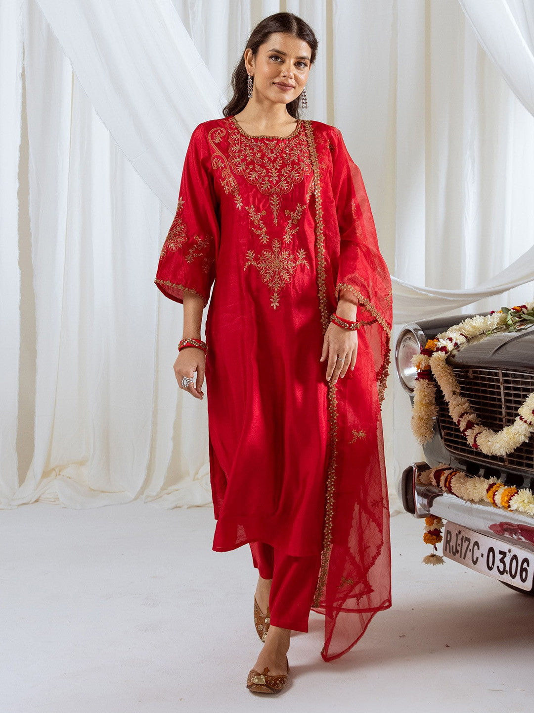 Floral Embroidered Sequinned Straight Kurta With Trousers & Dupatta
